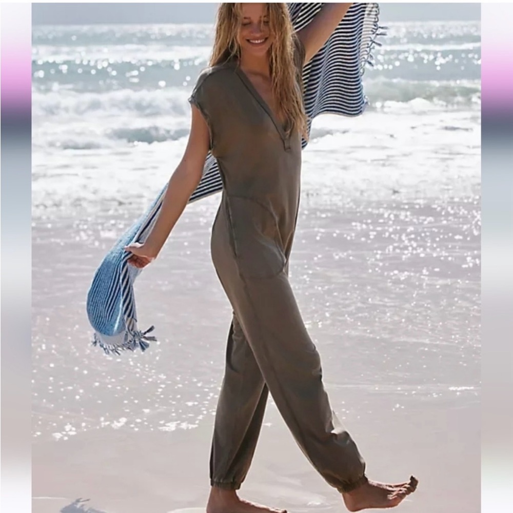 Free People Hot Shot V-Neck Onesie Oregano